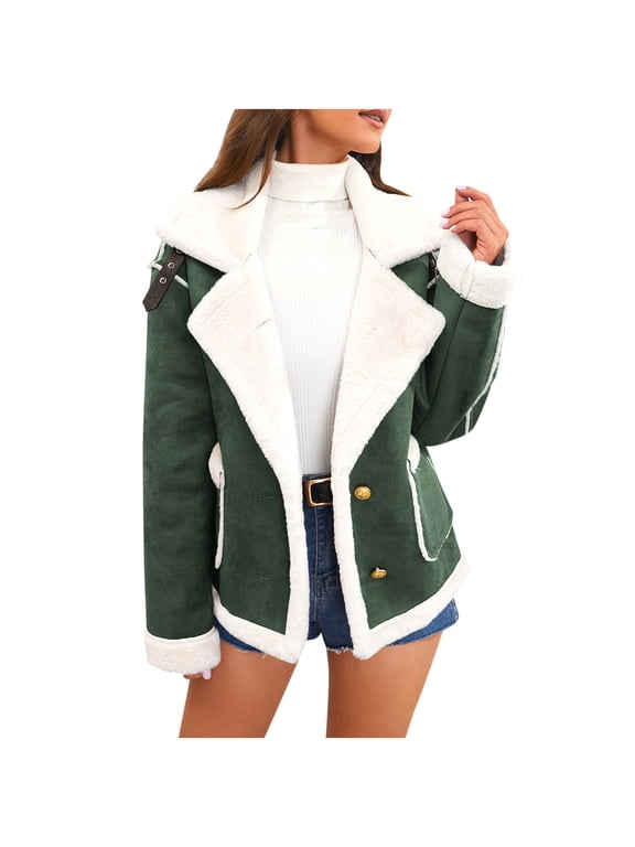Women's Fleece Lining Jackets Warm Winter Solid Color Cardigan Button Jacket Trendy Notched Lapel Loog Sleeve Outerwear with Pockets