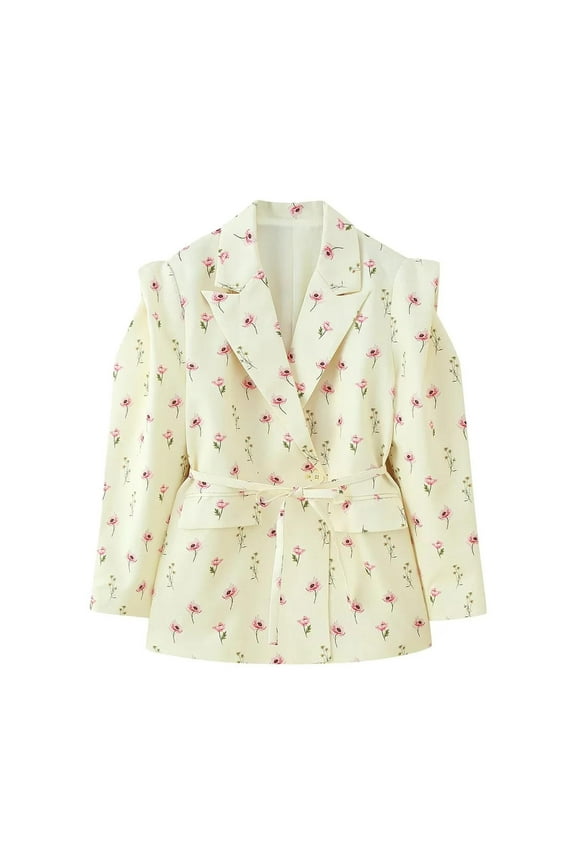 Women's Lapel Floral Print Blazer Long Sleeve Cardigan Button Wrap Tie Waist Suit Jackets