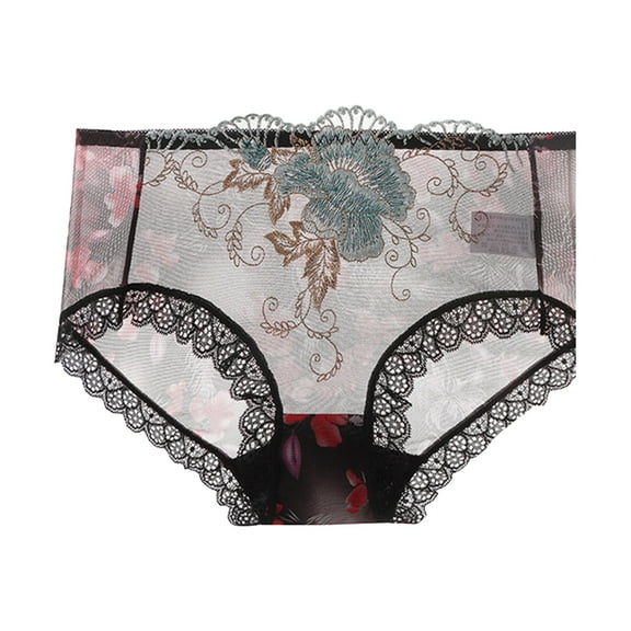 Kaliqueen Women's Plus Size Briefs Lace Trim Not Show Underwear Sheer Mesh Embroidery Flower Plus Size Curvy Silky French Cut Panties