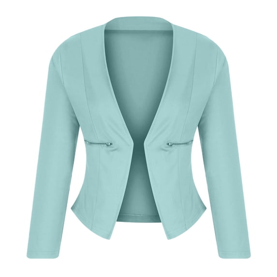 Kaliqueen Womens Open Front Work Blazer Long Sleeve Daily Commute Office Solid Color Zipper Straight Pockets