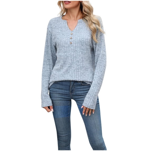 Kaliqueen Womens Waffle Knit Tops Long Sleeve V Neck Basic Tee Casual Deco Button Fashion Fall Outfits 2025 Pullover Tops