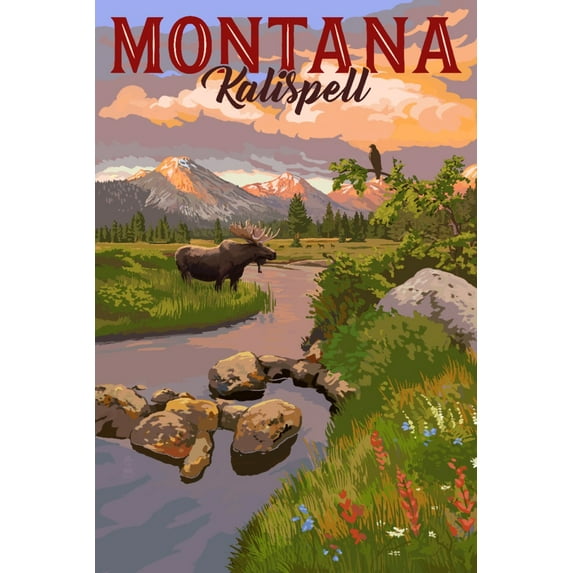 Kalispell, Montana, Moose and Mountain at Sunset (9x12 Wall Art Print, Home Decor)