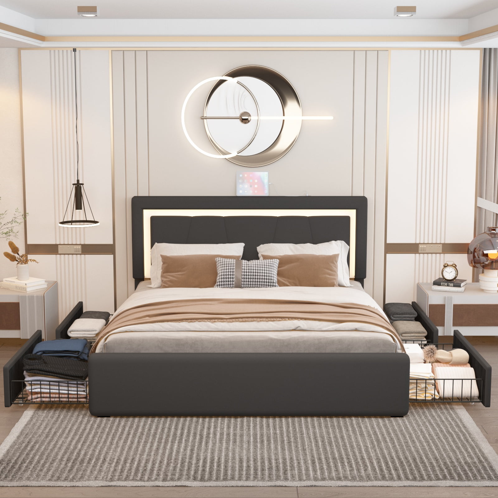 Kallabe LED Leather Bed Frame Full, Upholstered Platform Bed with 4 Storage Drawers for Bedroom, Living Room, Black