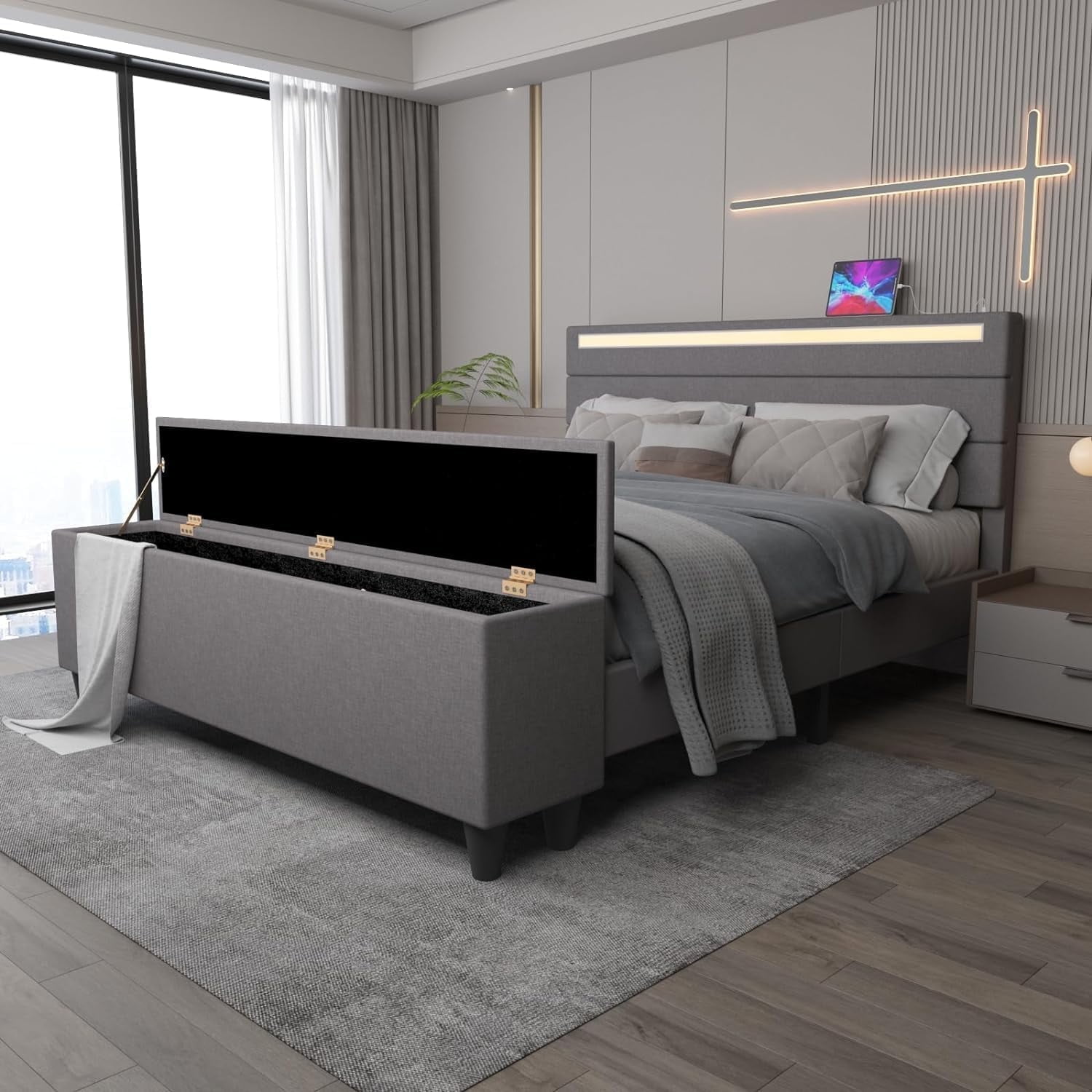 Kallabe LED Bed Frame Full Size with Storage Ottoman Adjustable Upholstered Headboard with 2 USB Ports Grey