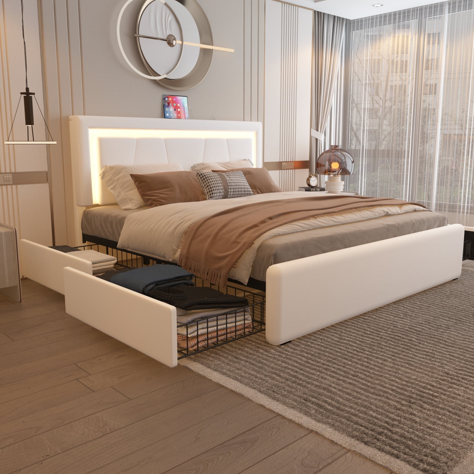 Kallabe LED Leather Bed Frame King, Upholstered Platform Bed with 4 Storage Drawers for Bedroom, Living Room, White - Walmart.com