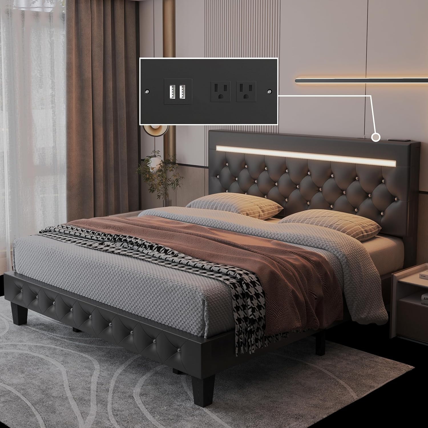 Kallabe Bed Frame King Size with Adjustable Upholstered Headboard, LED&Charging Station, Black