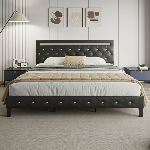 Kallabe Bed Frame Queen Size with Adjustable Upholstered Headboard, LED&Charging Station, Black
