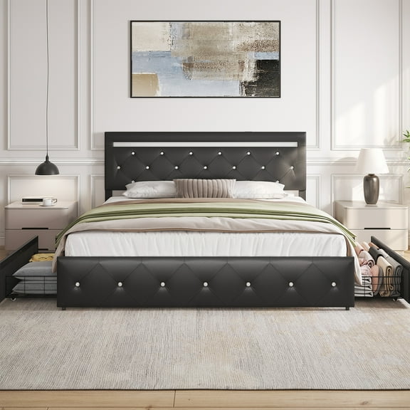 Kallabe Full Bed Frame with 4 Drawers and LED Adjustable Button PU Leather Headboard, Charging Station, Black