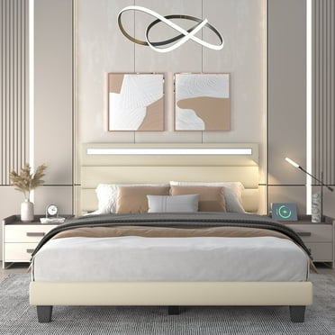 Kallabe Full Size LED Bed Frame with Upholstered Headboard, Charging Ports, Beige
