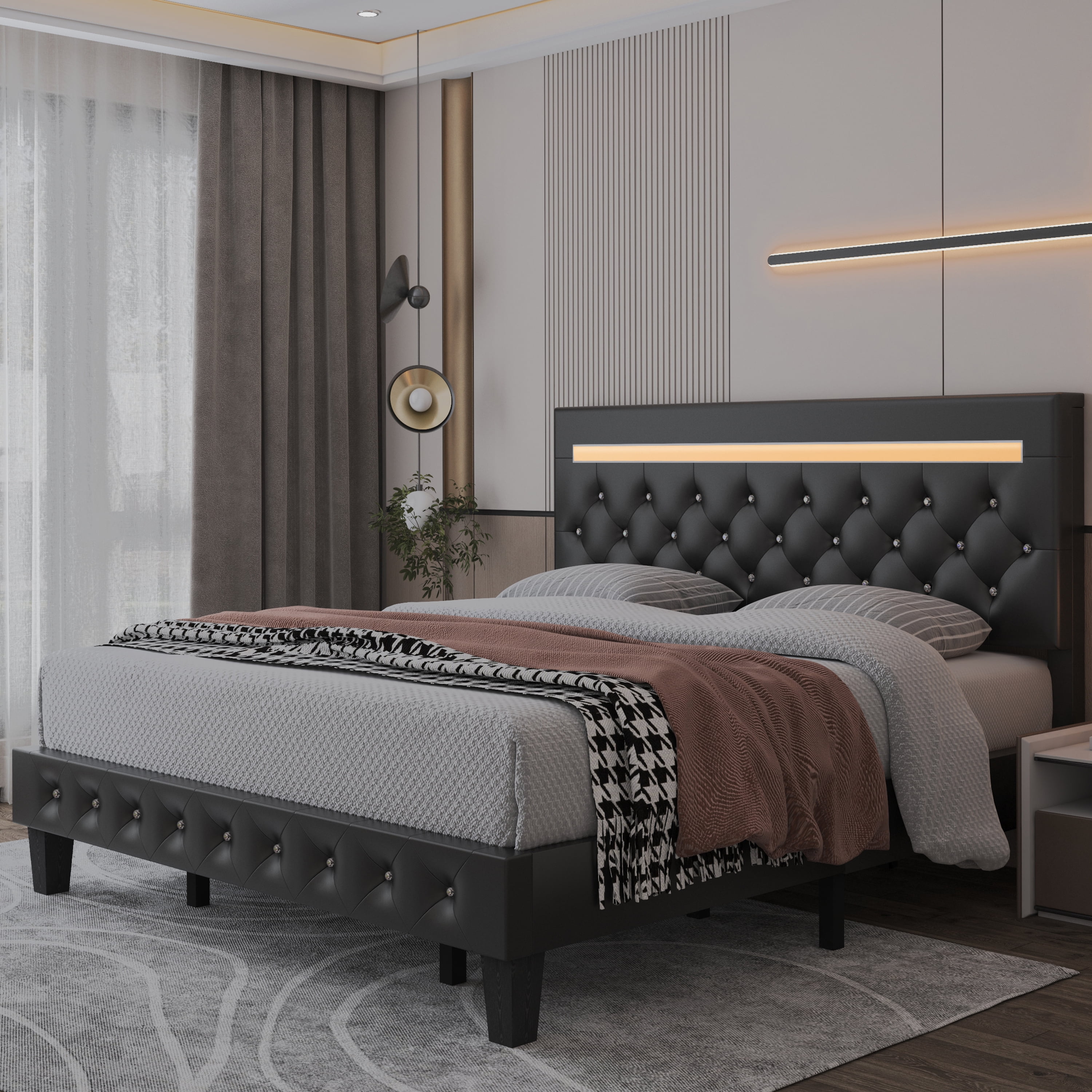 Kallabe Full Size LED Light Faux Leather Upholstered Platform Bed Frame