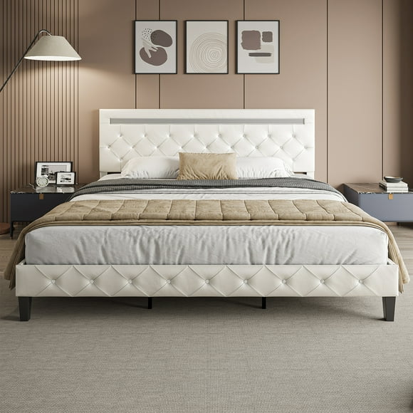 Kallabe LED Bed Frame Full Size with Adjustable Headboard, Upholstered Platform Bed Frame with USB Ports & Socket, White