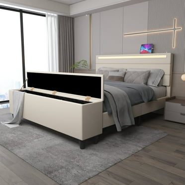 Kallabe LED Bed Frame King Size with Storage Ottoman, Adjustable Upholstered Headboard with 2 USB Ports, Beige