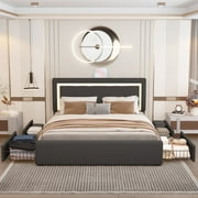 Kallabe LED Leather Bed Frame Full, Upholstered Platform Bed with USB Ports, APP Control, White