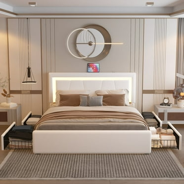 Kallabe  LED Leather Bed Frame Full, Upholstered Platform Bed with USB Ports, APP Control, White