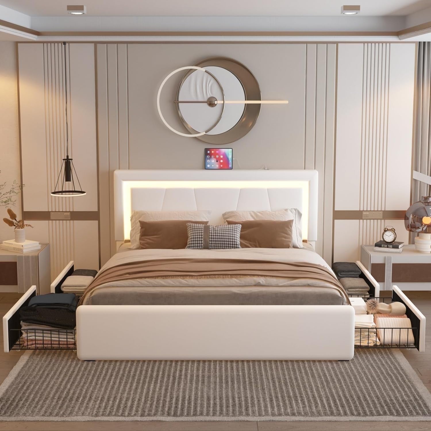 Kallabe LED Leather Bed Frame Queen, Upholstered Platform with USB Ports, APP Control, White