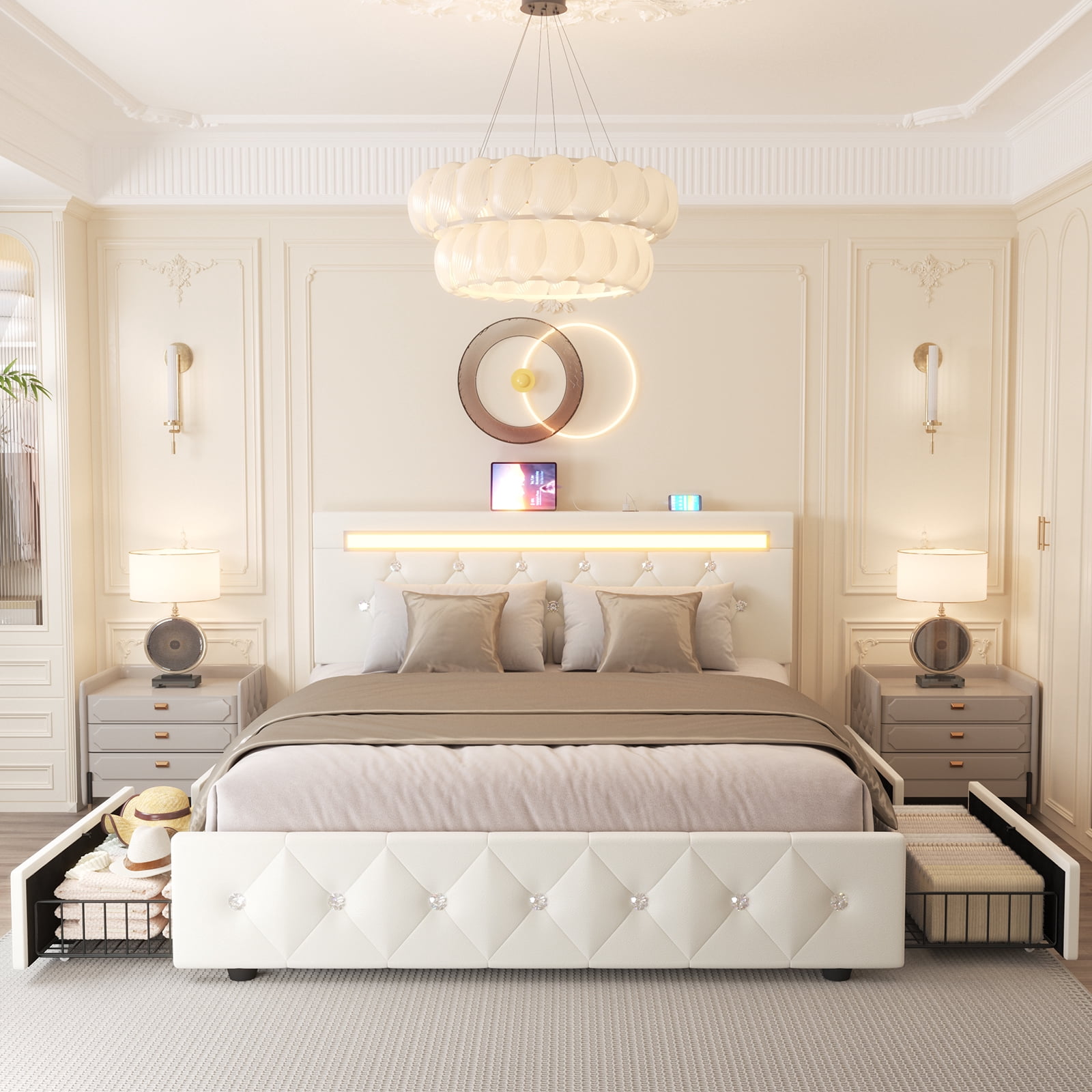 Kallabe Queen Bed Frame with 4 Drawers and LED Adjustable Button PU Leather Headboard, Charging Station, White