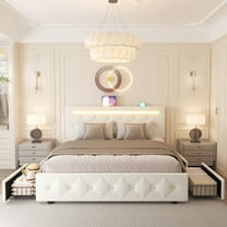 Kallabe Queen Bed Frame with 4 Drawers and LED Adjustable Button PU Leather Headboard, Charging Station, White