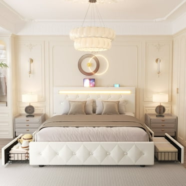 Kallabe Queen Bed Frame with 4 Drawers and LED Adjustable Button PU Leather Headboard, Charging Station, White