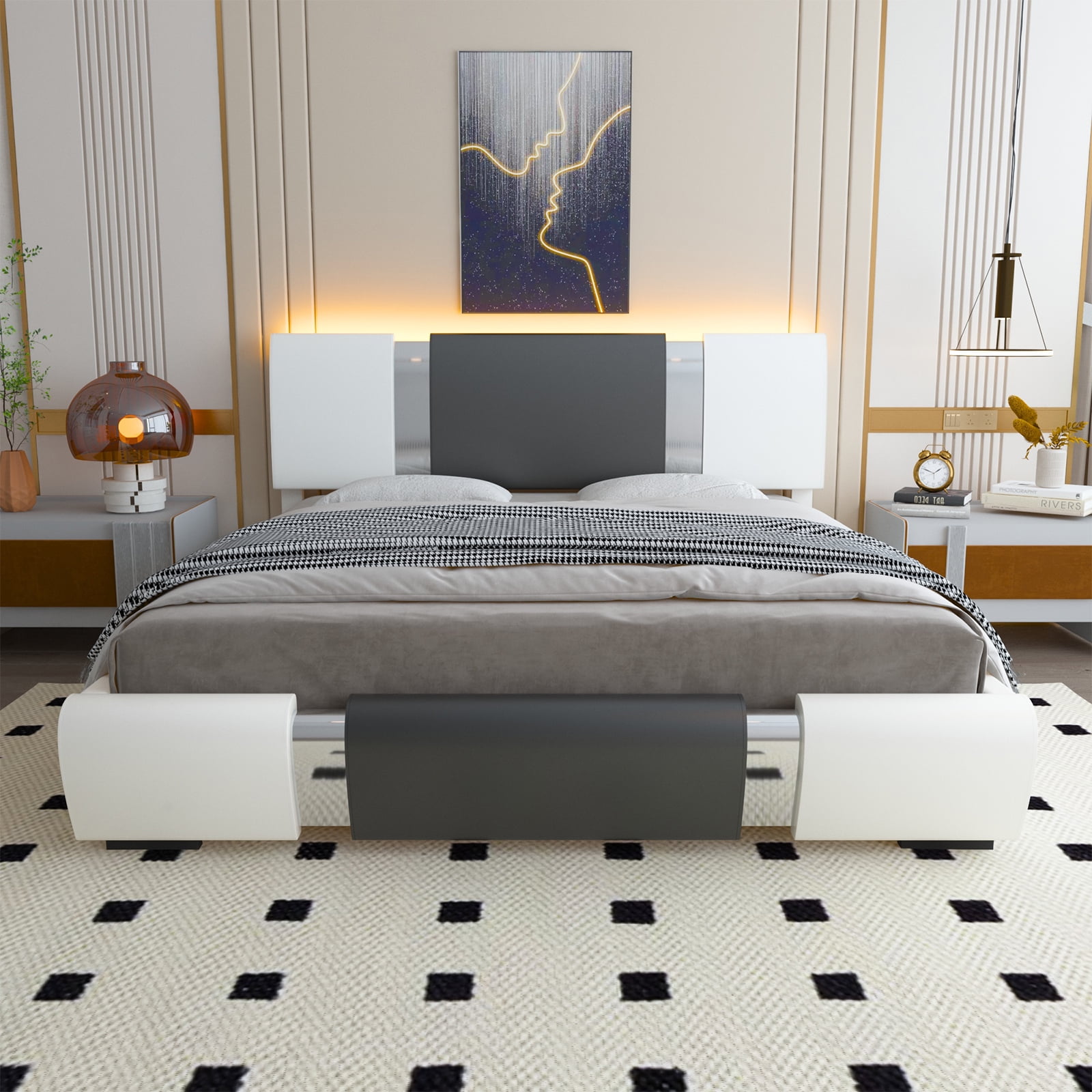 Kallabe Queen Modern Bed Frame, LED &amp; Faux Leather Headboard, Steel ...