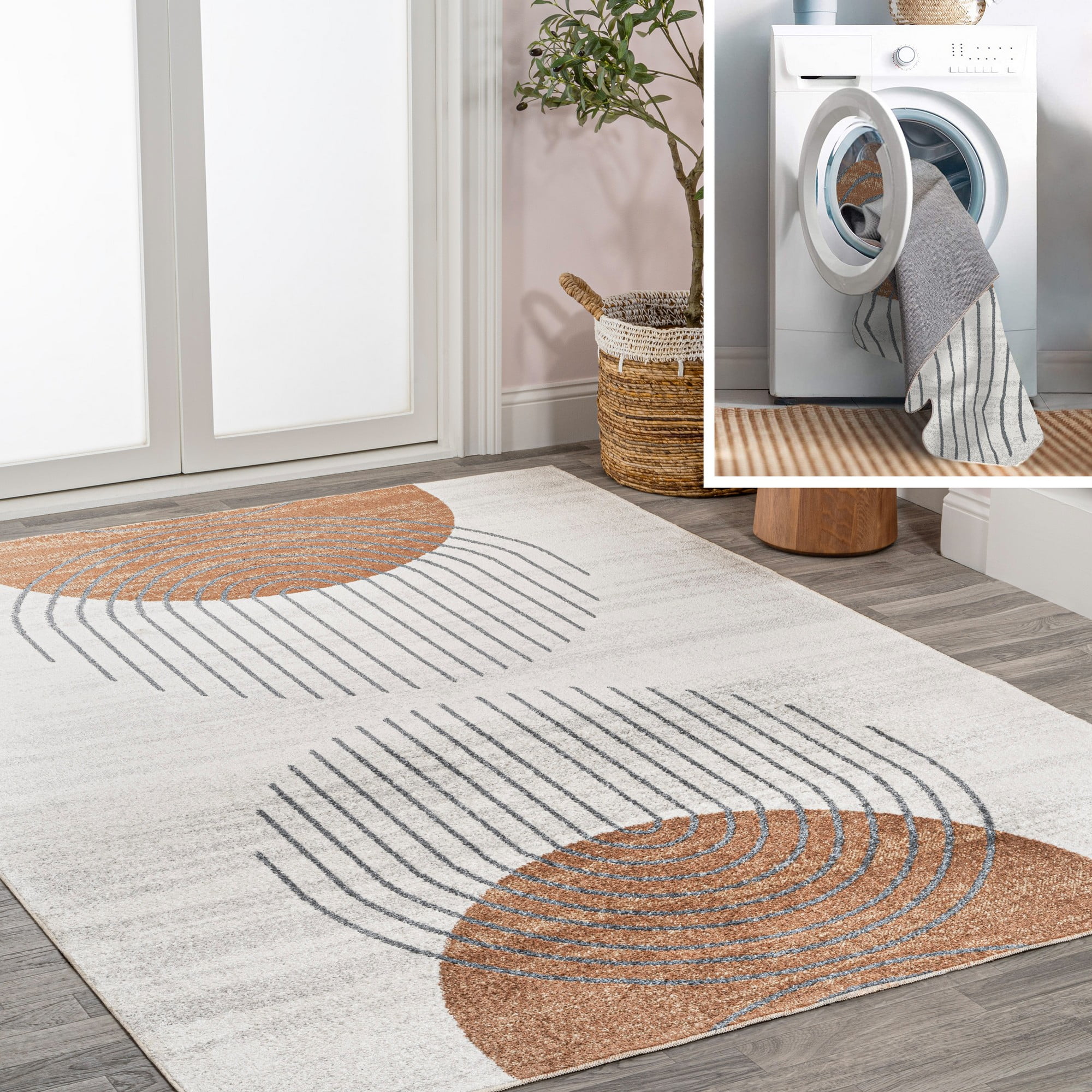 Kallax Cream and Terra Geometric Washable Area Rug