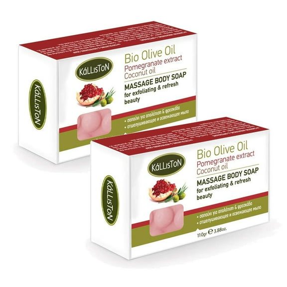 Kalliston, MASSAGE BODY SOAP, Exfoliate & Refresh with Pomegranate Extract, All Natural Soaps, Made in Ancient Crete, Greece, 110g Each, Pack of 2