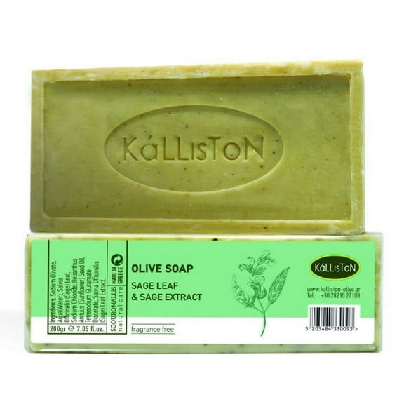 Kalliston | OLIVE SOAP with SAGE LEAF & SAGE EXTRACT | Olive Soaps with Herbs Collection | For Detoxifying & Cleansing | FREE PUMICE STONE | Born in Greece | 200g each soft bar | Pack of 2