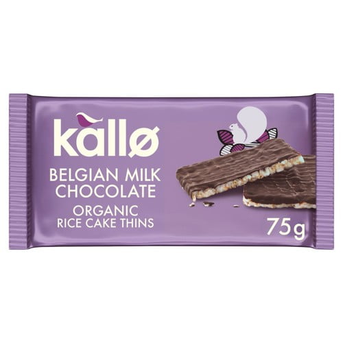 Kallo Belgian Milk Chocolate Organic Rice Cake Thins 75g, British Import (Pack of 3)