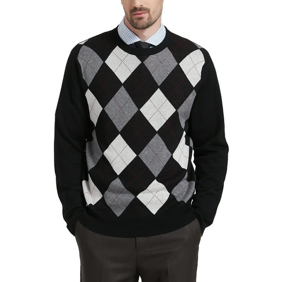 Kallspin Men's Argyle Crewneck Knit Sweater Wool Blend Long Sleeve Pullover Sweaters(Black,Small)
