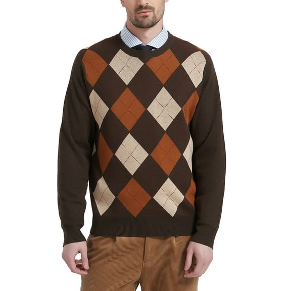 Kallspin Men's Argyle Crewneck Knit Sweater Wool Blend Long Sleeve Pullover Sweaters(Brown,3X-Large,Tall)