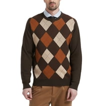 Kallspin Men's Argyle Crewneck Knit Sweater Wool Blend Long Sleeve Pullover Sweaters(Brown,Large)