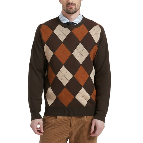 Kallspin Men's Argyle Crewneck Knit Sweater Wool Blend Long Sleeve Pullover Sweaters(Brown,Large)