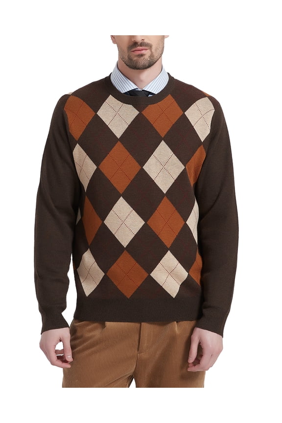 Men's Argyle Crewneck Knit Sweater Wool Blend Long Sleeve Pullover Sweaters(Brown,Small)