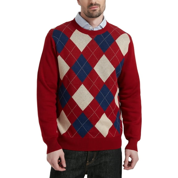 Kallspin Men's Argyle Crewneck Knit Sweater Wool Blend Long Sleeve Pullover Sweaters(Burgundy Red,Small)