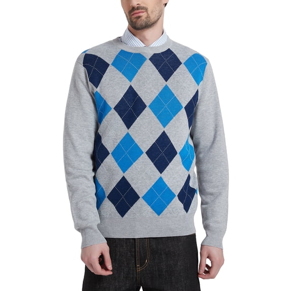 Kallspin Men's Argyle Crewneck Knit Sweater Wool Blend Long Sleeve Pullover Sweaters(Light Gray,2X-Large,Tall)