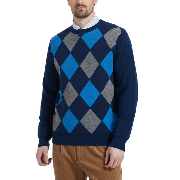 Kallspin Men's Argyle Crewneck Knit Sweater Wool Blend Long Sleeve Pullover Sweaters(Navy Blue,3X-Large)