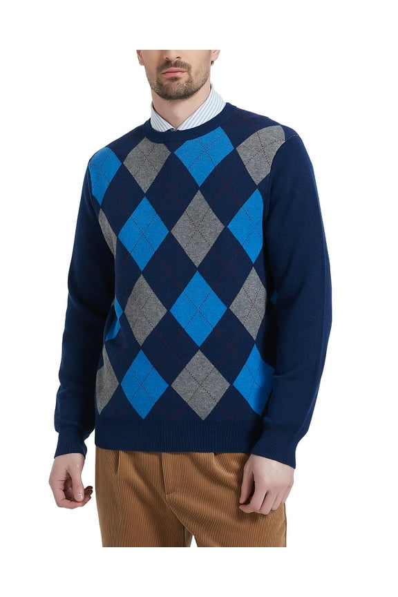 Men's Argyle Crewneck Knit Sweater Wool Blend Long Sleeve Pullover Sweaters(Navy Blue,4X-Large)
