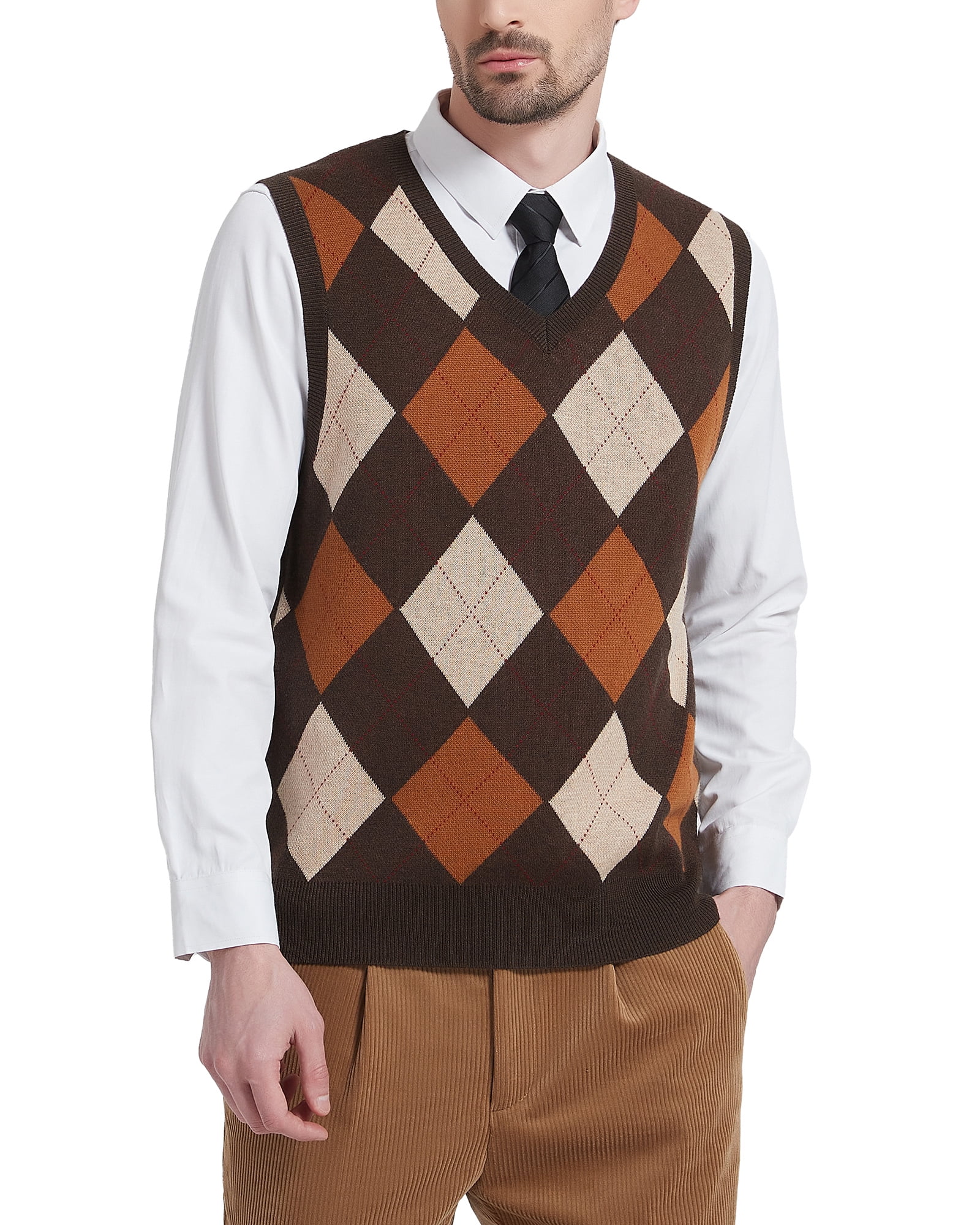 Kallspin Men's Argyle Vest Sweater Wool Blend V-Neck Sleeveless Pullover  Sweater(Brown,Large)