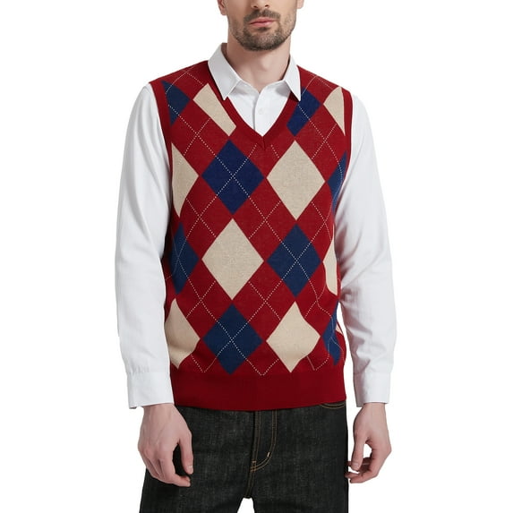 Kallspin Men's Argyle Vest Sweater Wool Blend V-Neck Sleeveless Pullover Sweater(Burgundy Red,Small)