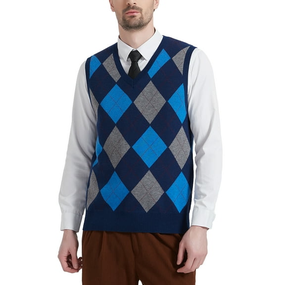 Kallspin Men's Argyle Vest Sweater Wool Blend V-Neck Sleeveless Pullover Sweater(Navy Blue,2X-Large,Tall)