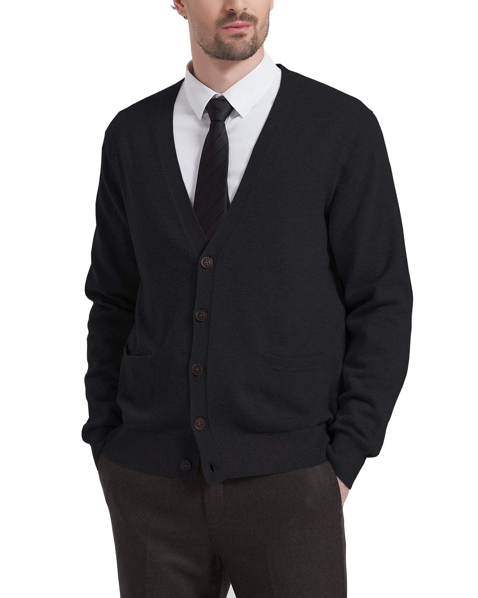 Kallspin Men's Cardigan Sweater Wool Blend V Neck Buttons Cardigan with  Pockets(Black,2X-Large) 