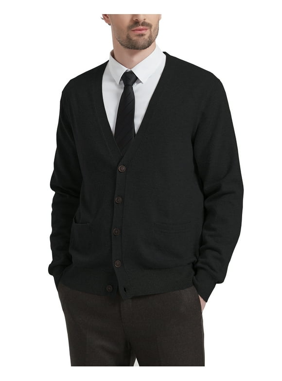 Kallspin Men’s Cardigan Sweater Wool Blend V Neck Buttons Cardigan with Pockets(Black,2X-Large)