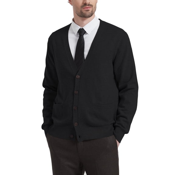 Kallspin Men's Cardigan Sweater Wool Blend V Neck Buttons Cardigan with Pockets(Black, Large,Tall)