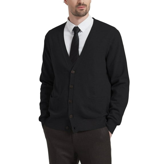 Kallspin Men’s Cardigan Sweater Wool Blend V Neck Buttons Cardigan with Pockets(Black,X-Large)