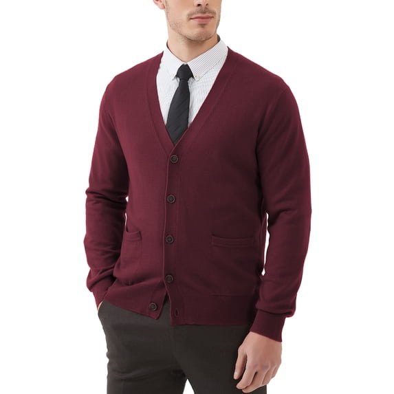 Kallspin Men’s Cardigan Sweater Wool Blend V Neck Buttons Cardigan with Pockets(Burgundy Red,Medium)