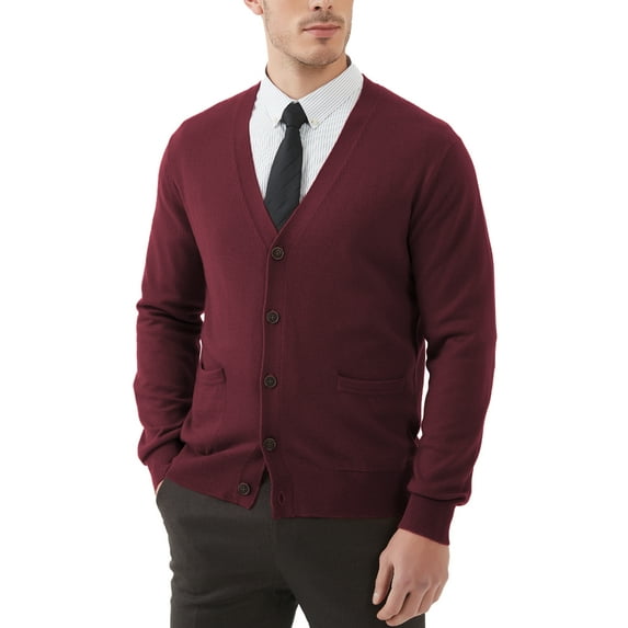 Kallspin Men’s Cardigan Sweater Wool Blend V Neck Buttons Cardigan with Pockets(Burgundy Red,X-Large)