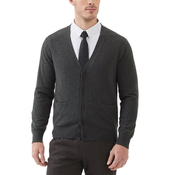 Kallspin Men’s Cardigan Sweater Wool Blend V Neck Buttons Cardigan with Pockets(Charcoal,X-Large)