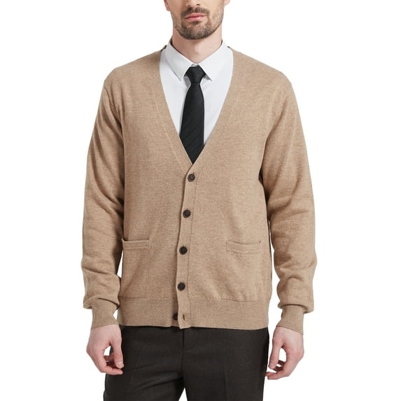 Kallspin Men's Cardigan Sweater Wool Blend V Neck Buttons Cardigan with Pockets(Coffee, 3X-Large,Tall)