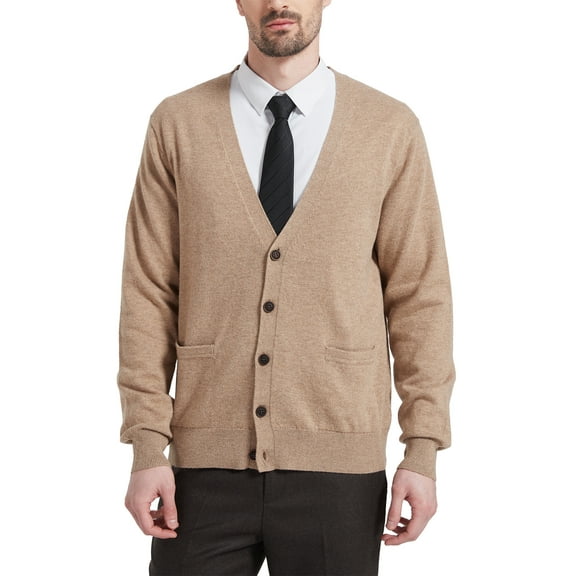 Kallspin Men's Cardigan Sweater Wool Blend V Neck Buttons Cardigan with Pockets(Coffee, 3X-Large,Tall)