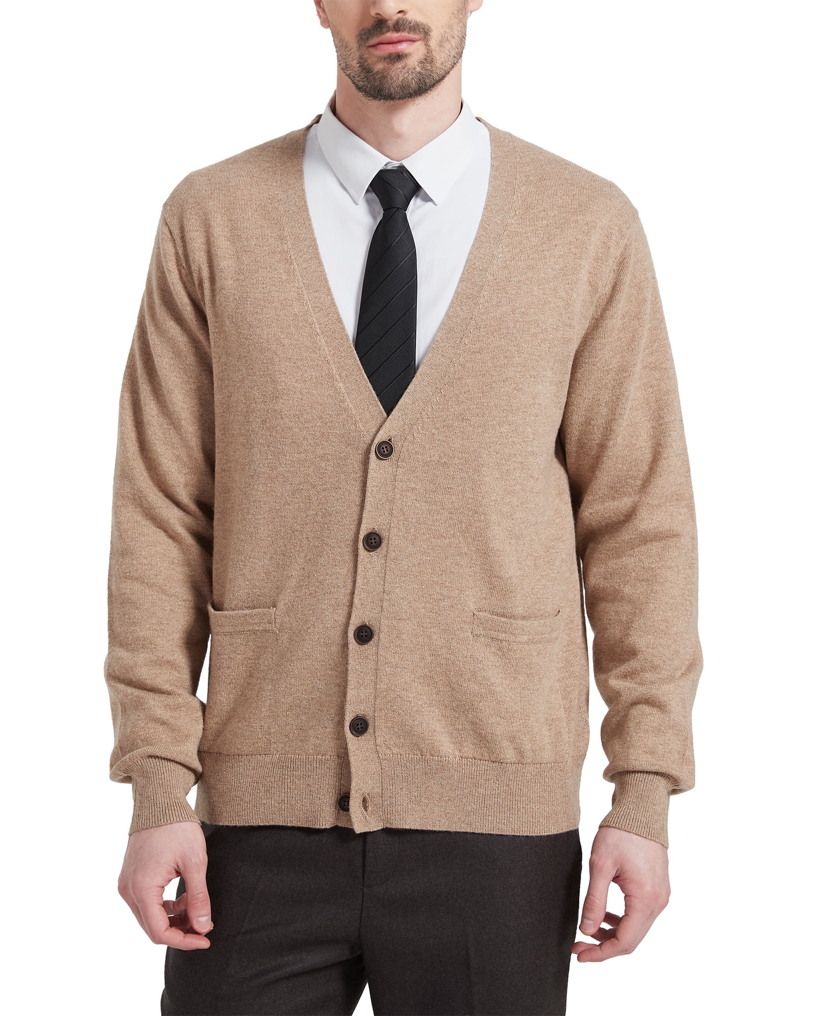 Kallspin Men s Cardigan Sweater Wool Blend V Neck Buttons Cardigan with Pockets Coffee Large