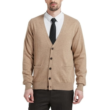 Kallspin Men’s Cardigan Sweater Wool Blend V Neck Buttons Cardigan with Pockets(Coffee,Medium)
